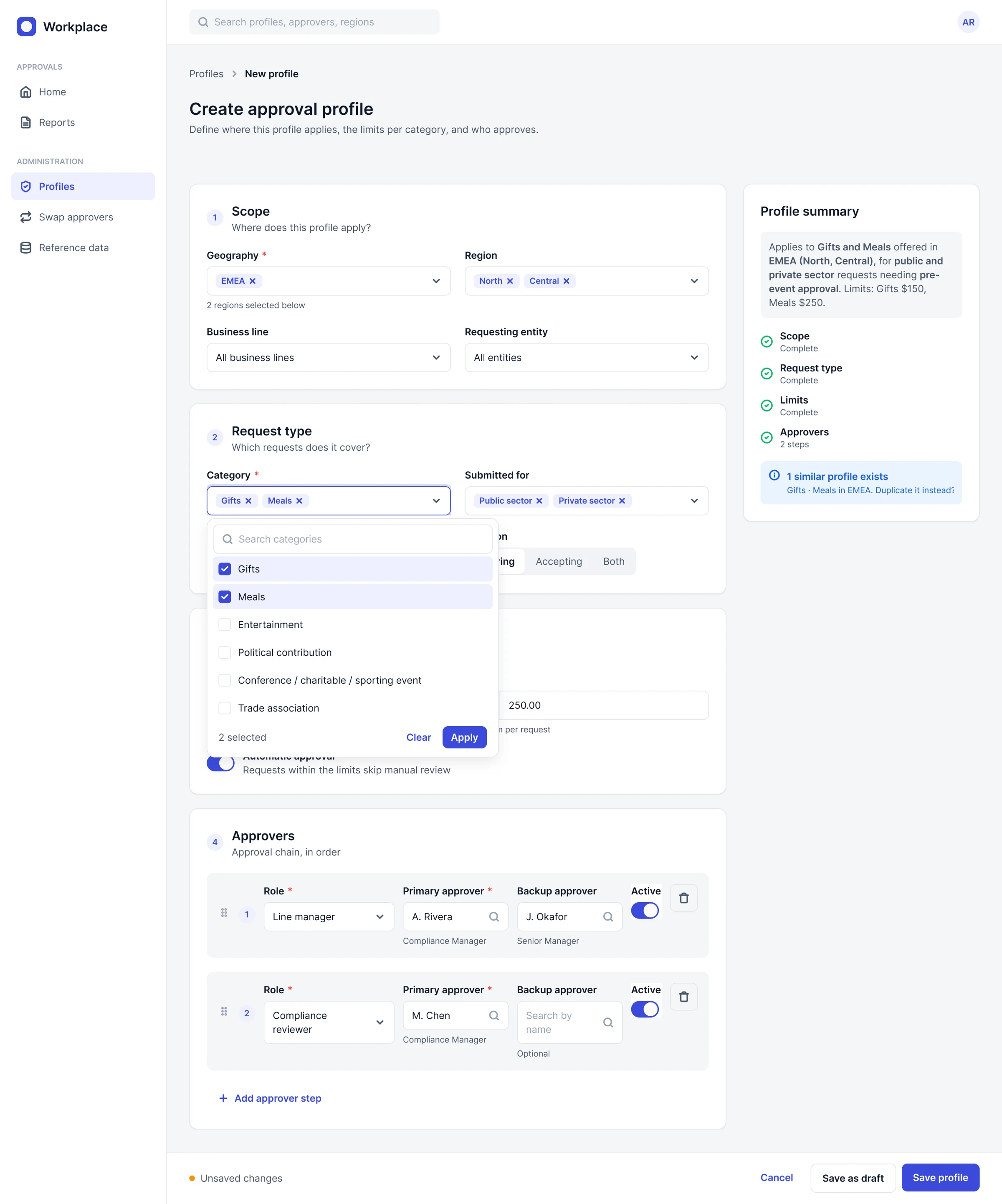 Create profile form in four numbered sections with a category picker open and a summary panel on the right.