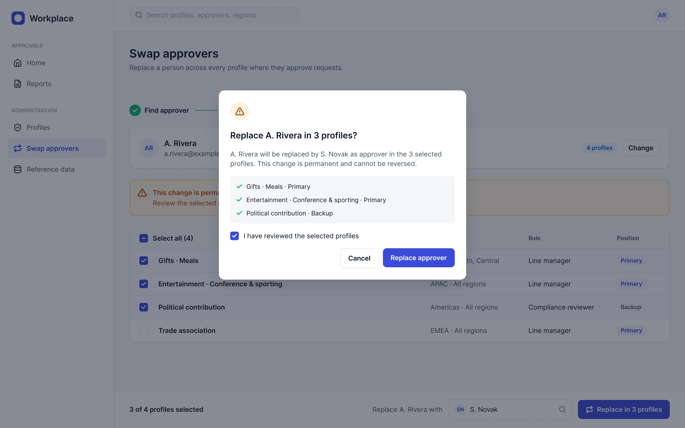 Swap approvers confirmation dialog listing the profiles and positions that will change, with a permanent-change warning.
