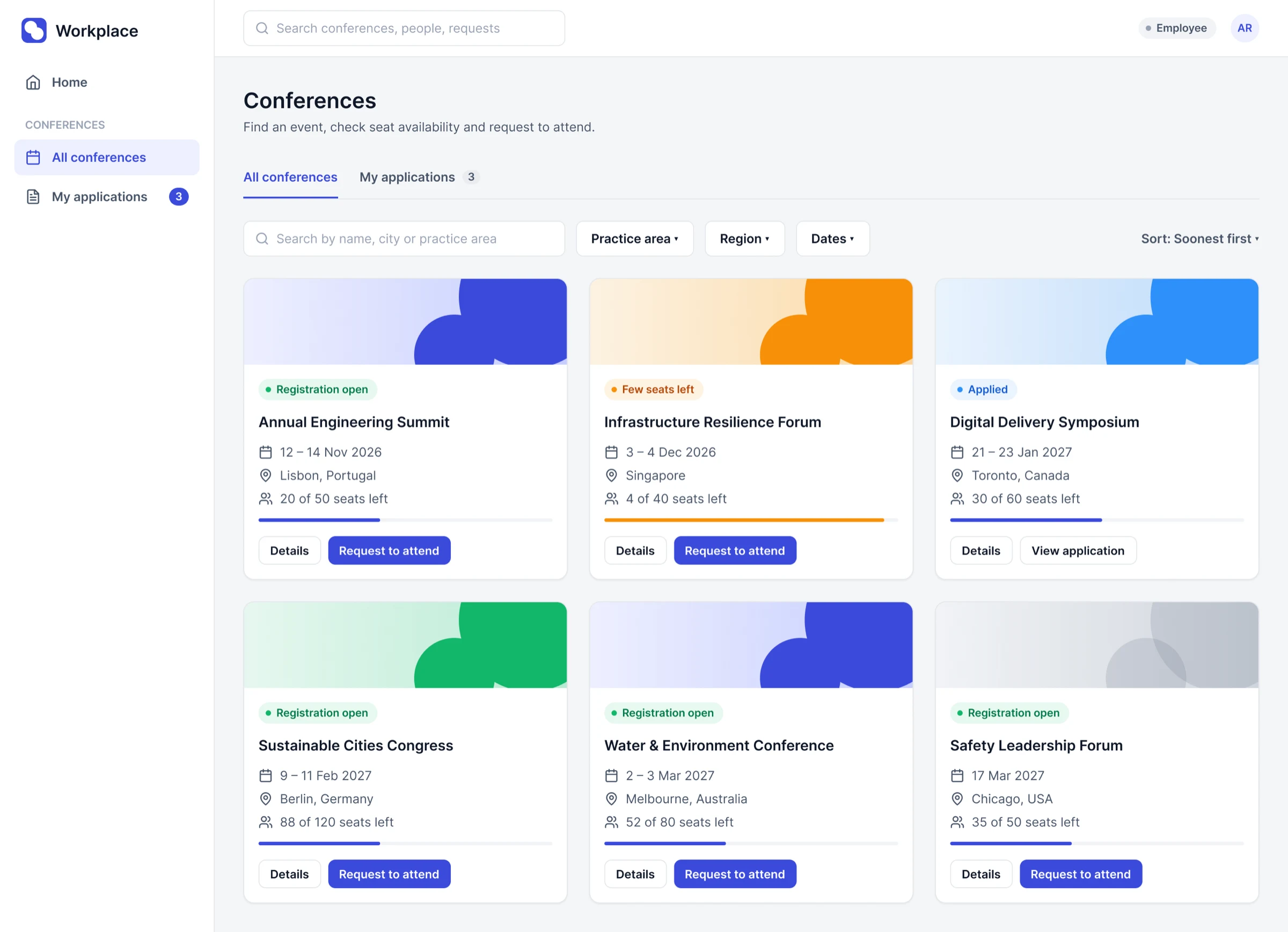 Browse conferences with search and filters above a grid of text-first conference cards showing dates, city and a seats meter.