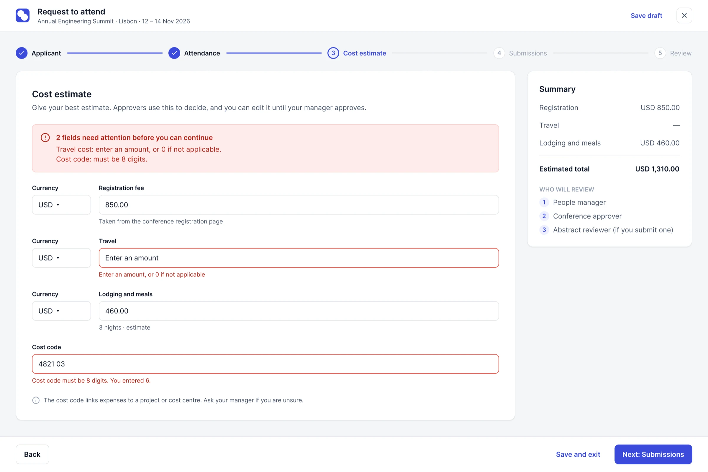 Request to attend, cost estimate step with inline errors, an error summary, a live total and the approval path beside the form.