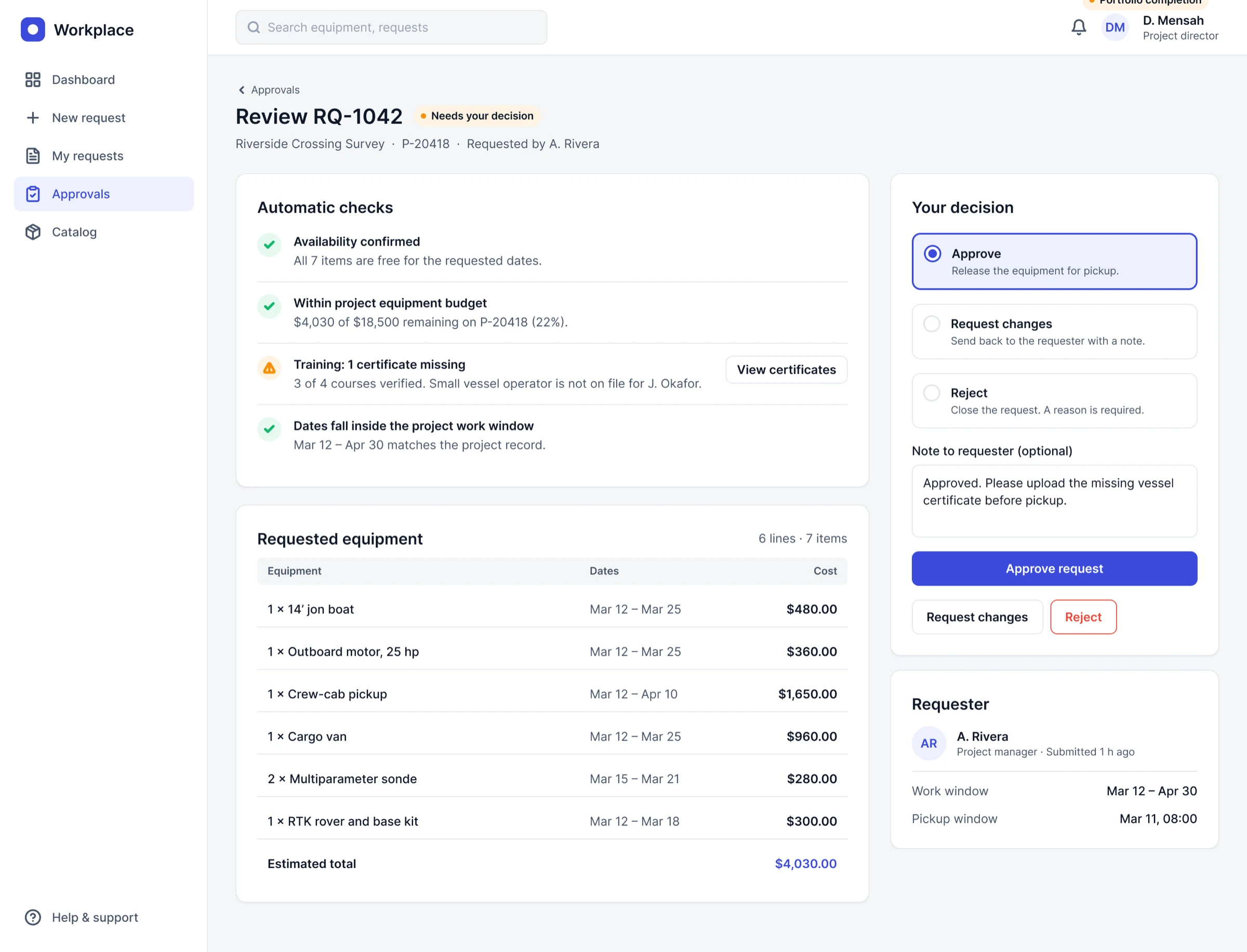 Approver review with automatic checks for availability, budget, training and dates, a decision panel and the requested equipment table. Labelled as a portfolio completion screen.