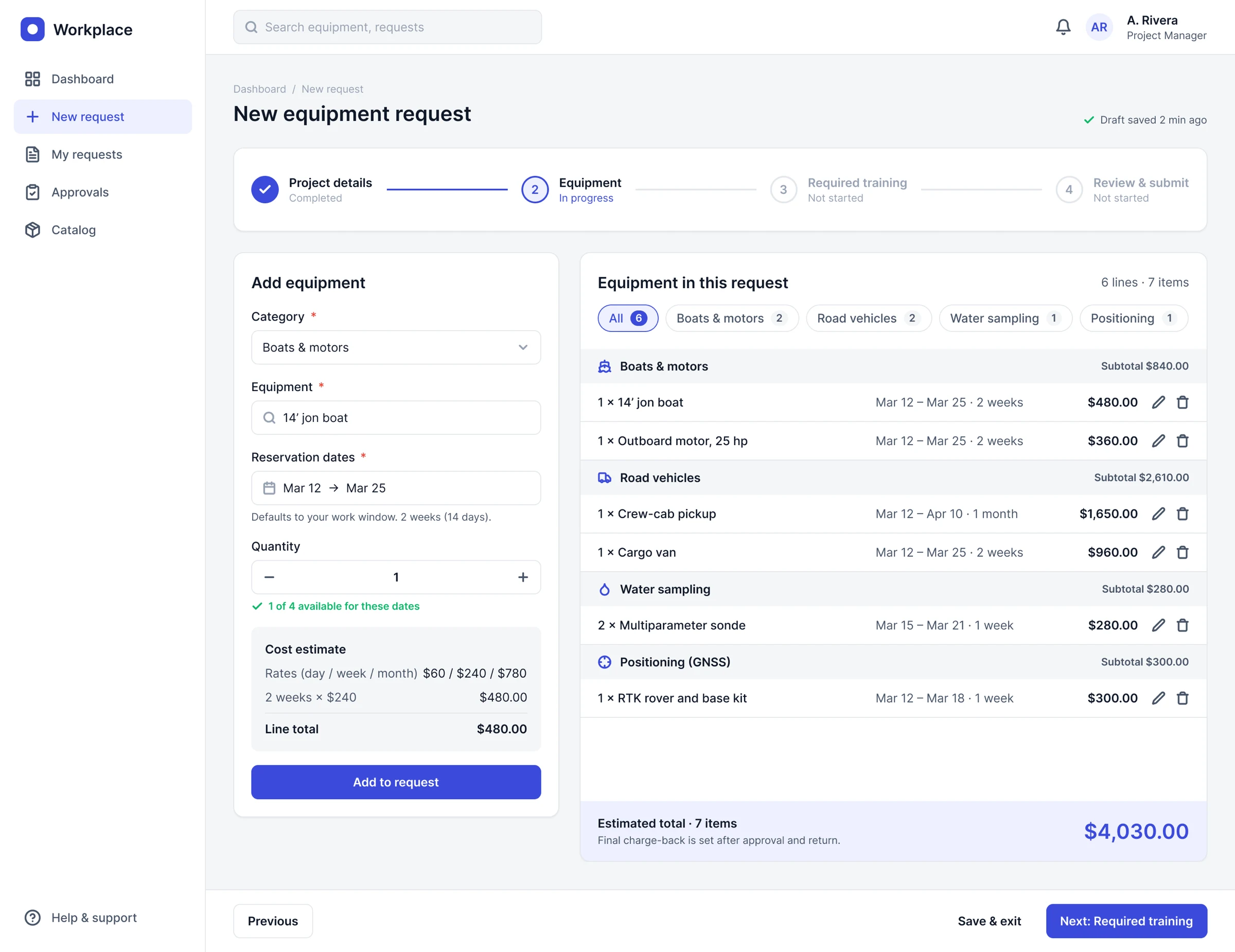 Request wizard equipment step with an add-equipment form, date range and live estimate beside a tray of lines with per-line cost and a running total.