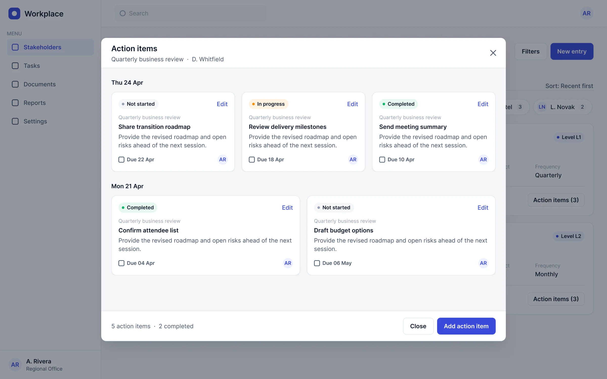 Action items dialog grouping follow-up tasks by date, each with a status tag that carries a word.