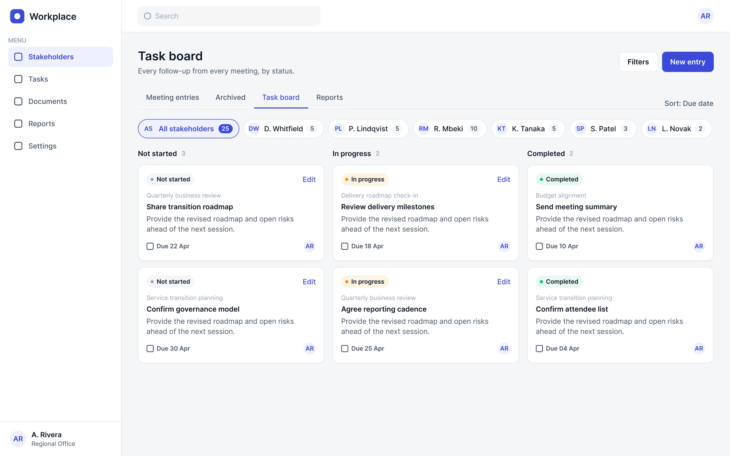 Task board with columns of task cards by status.