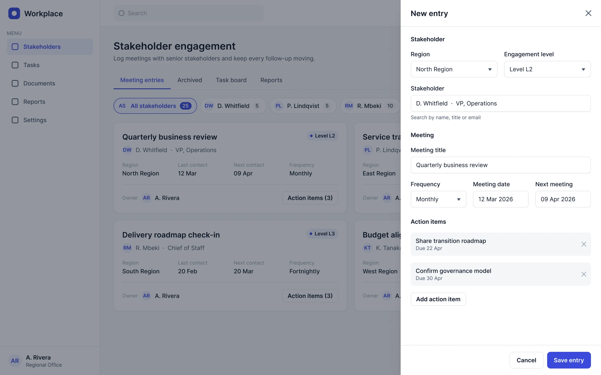 The entries list dimmed behind a New entry slide-over with stakeholder, meeting and action item sections.