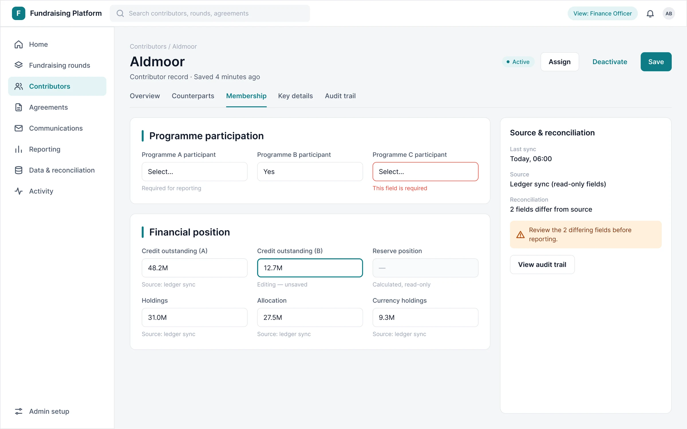 Redesigned contributor record form with card-grouped sections, a clear type hierarchy, a provenance panel, and focus, error and read-only fields.