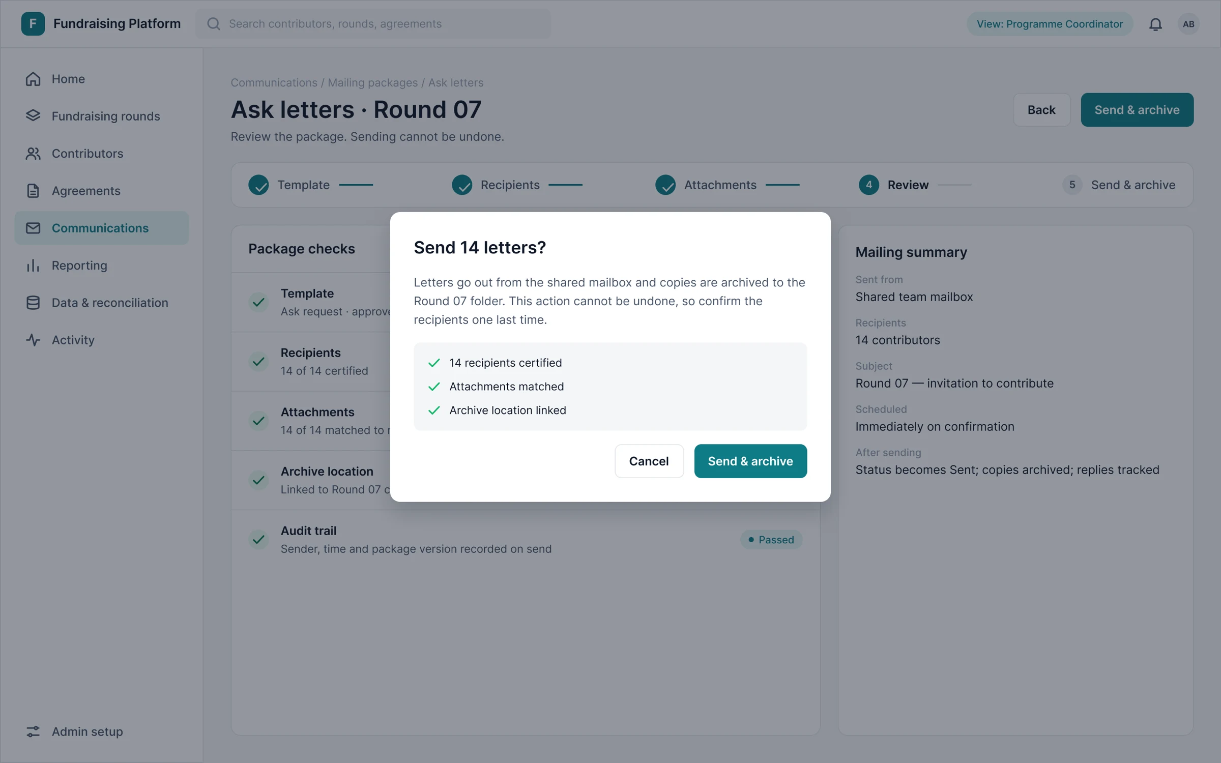 Review and send step with a confirmation dialog asking to send 14 letters, listing three completed checks with Cancel and Send and archive buttons.