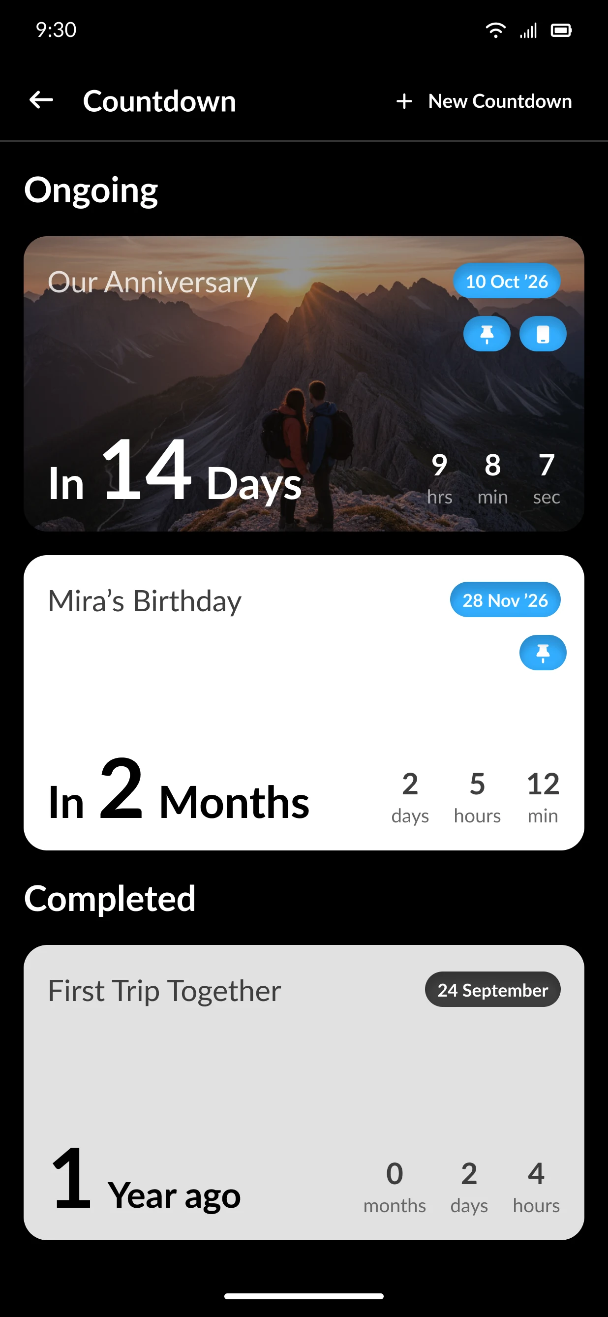 Countdown list with an anniversary, a birthday and a completed trip.