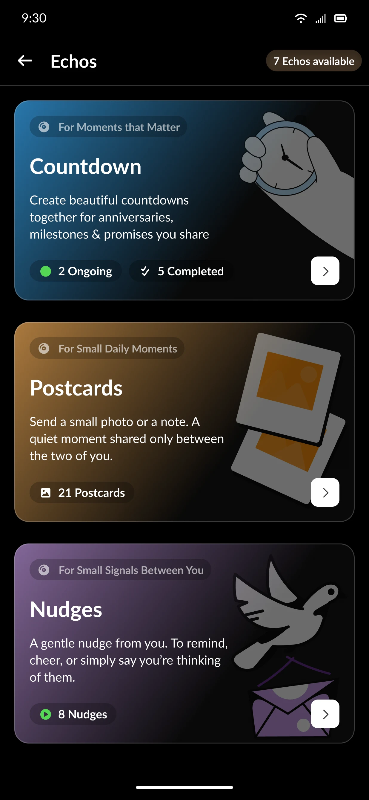 Echos hub with cards for Countdown, Postcards and Nudges.