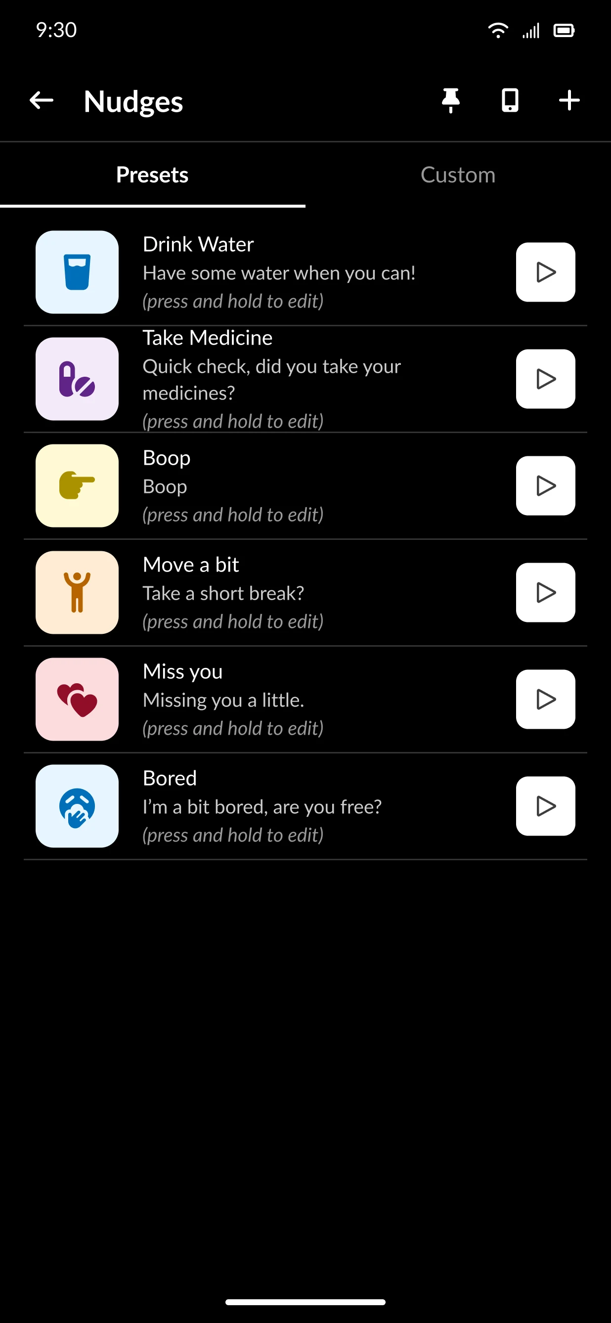 List of preset nudges such as Drink Water and Miss you, each with a send button.
