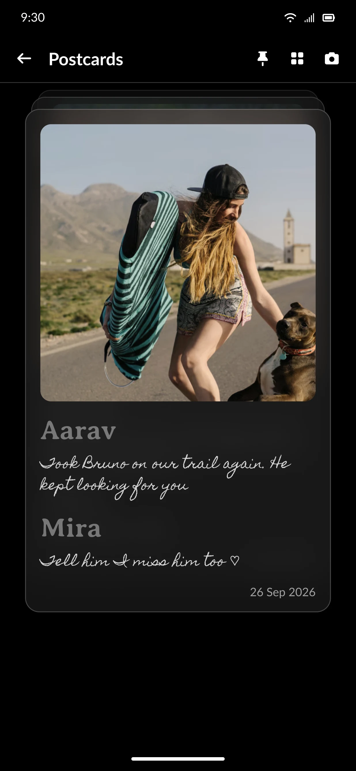 A postcard with a photo and short notes from Aarav and Mira.