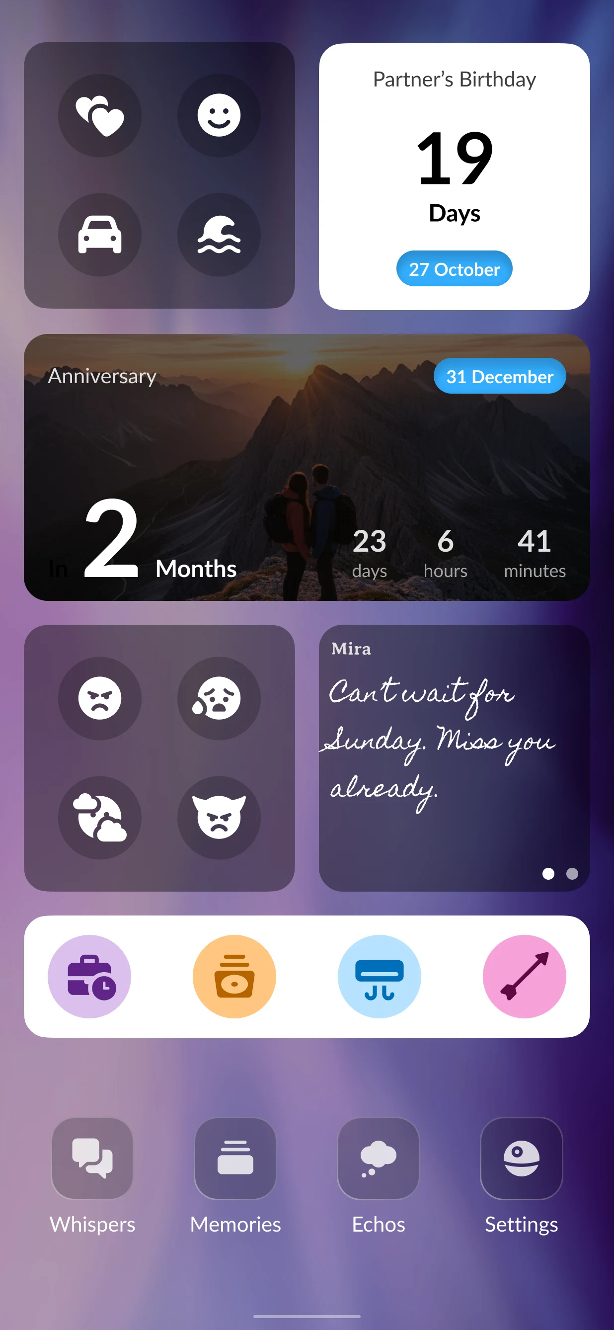 Home screen with mood, countdown, anniversary and note widgets above four app icons.