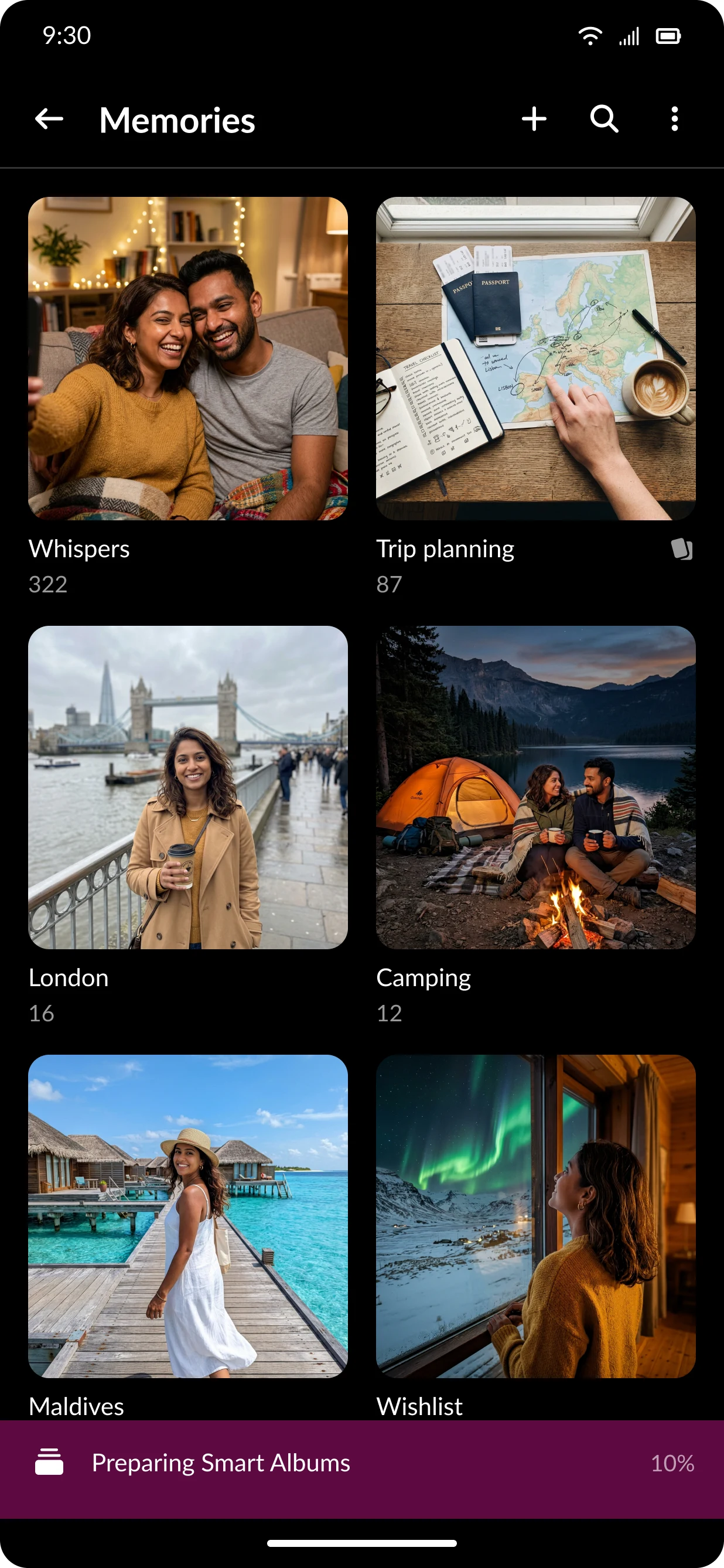 Memories home: a grid of shared albums with photo covers