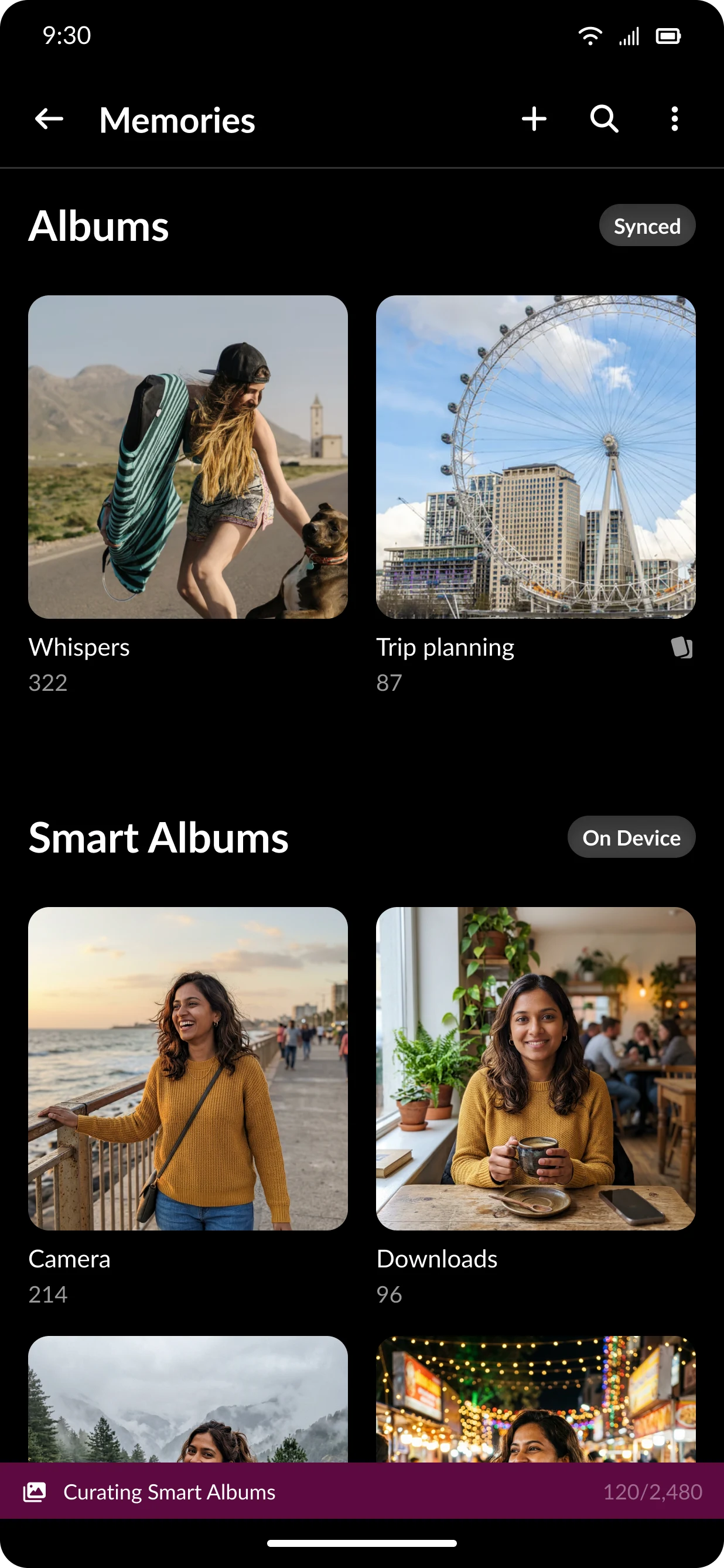 Smart Albums welcome screen explaining on-device sorting and privacy.