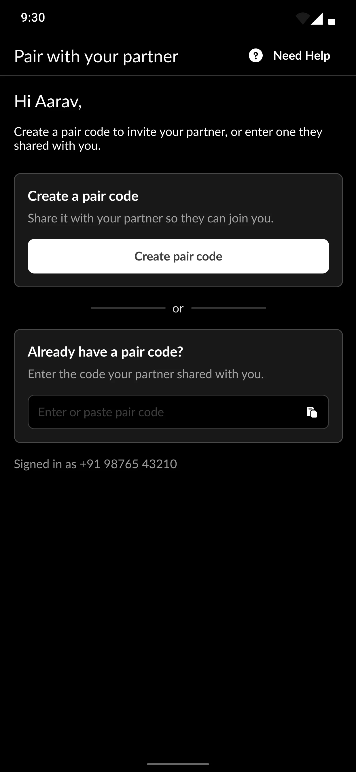 Pair with your partner screen greeting Aarav, with options to create a pair code or enter one.