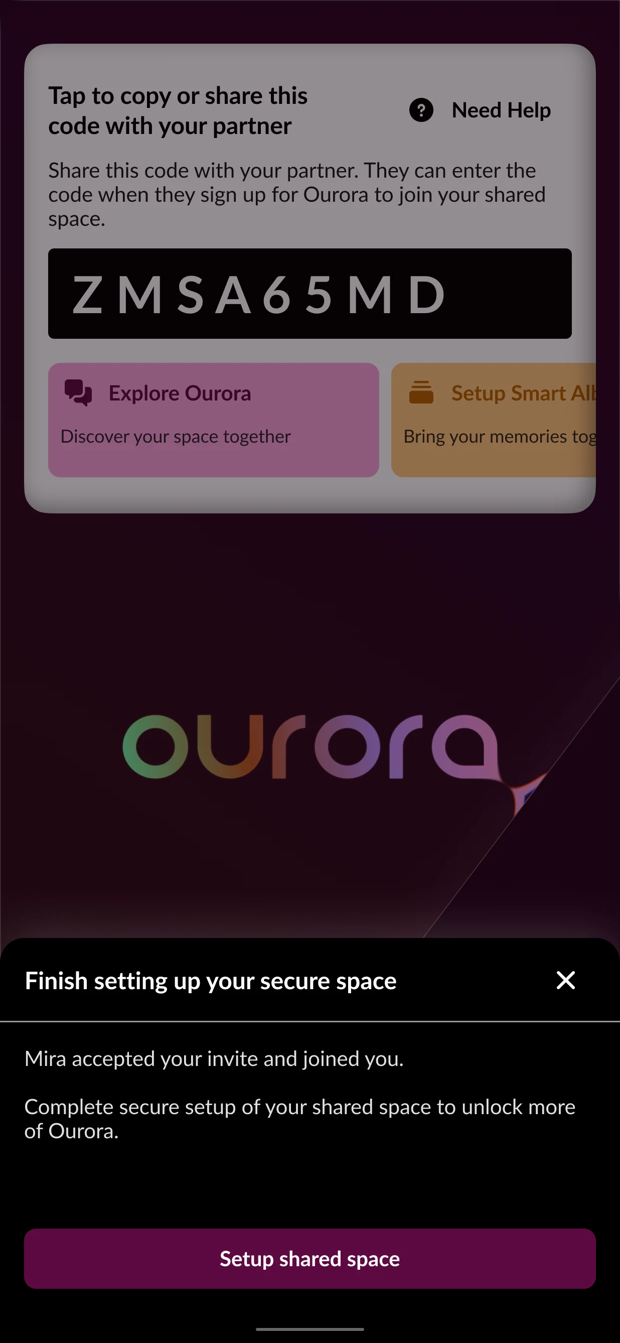 Sheet saying Mira accepted the invite, with a button to set up the shared space.