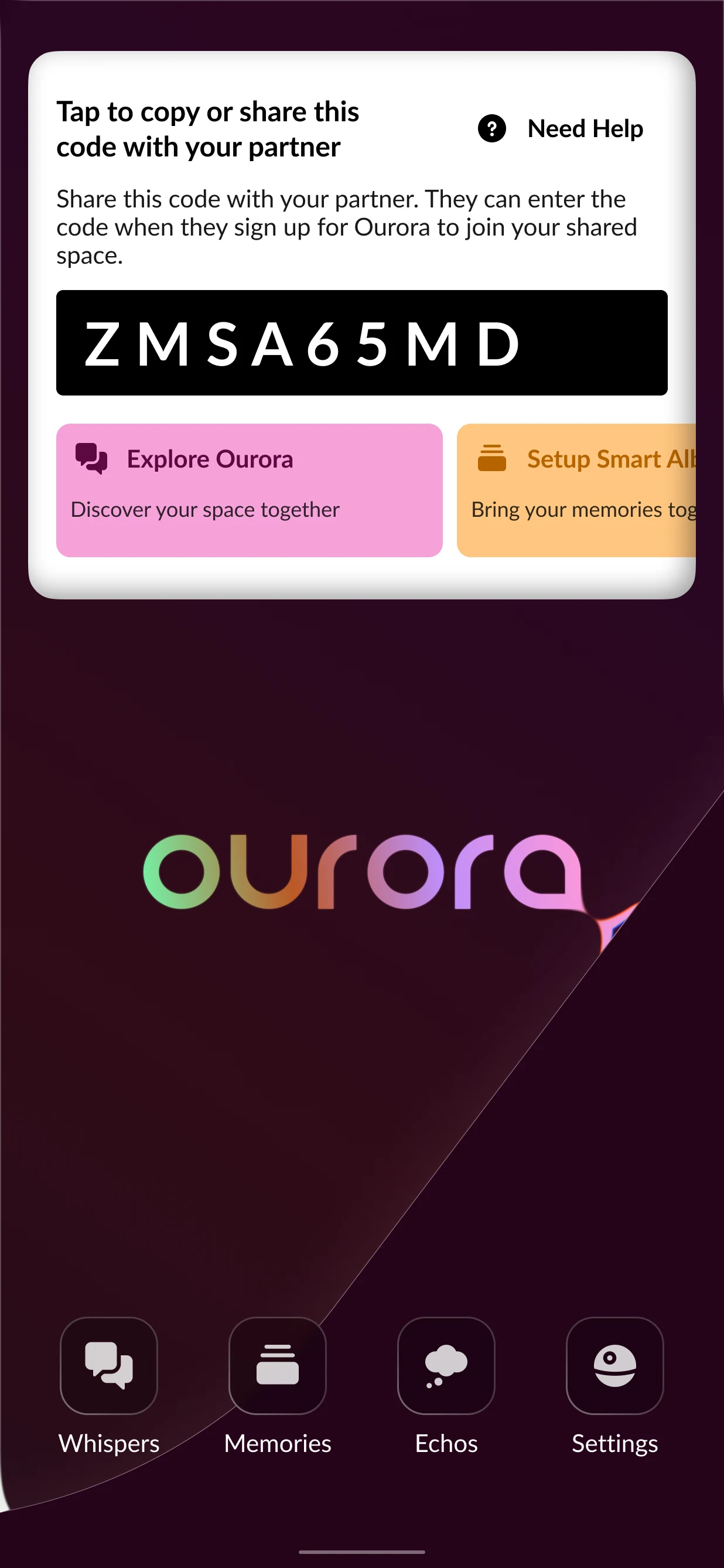 Pre-pair home with the invite code card and setup suggestions such as Explore Ourora, above the four app icons.