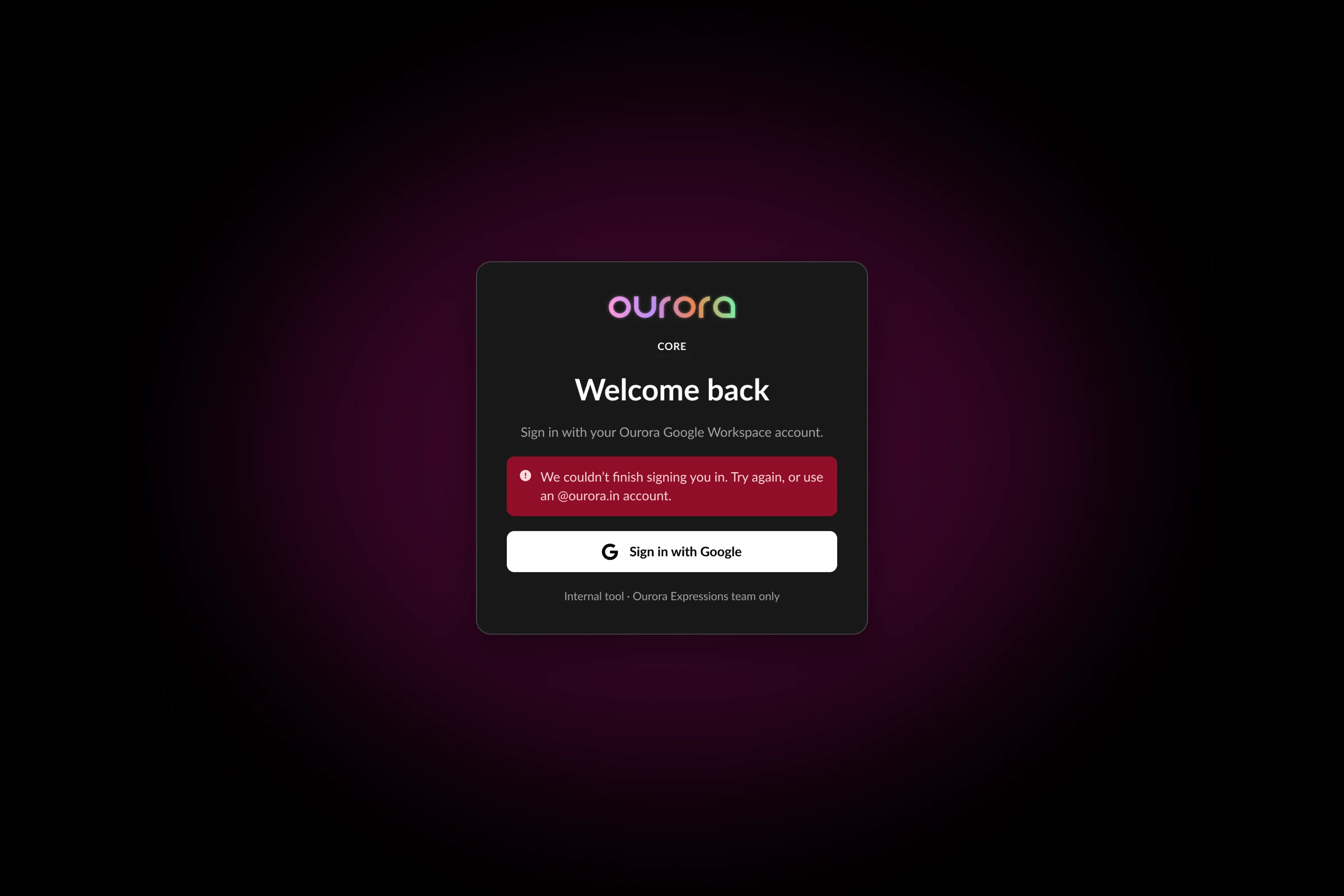 Core sign-in page with an inline error asking the user to try again or use a company account.