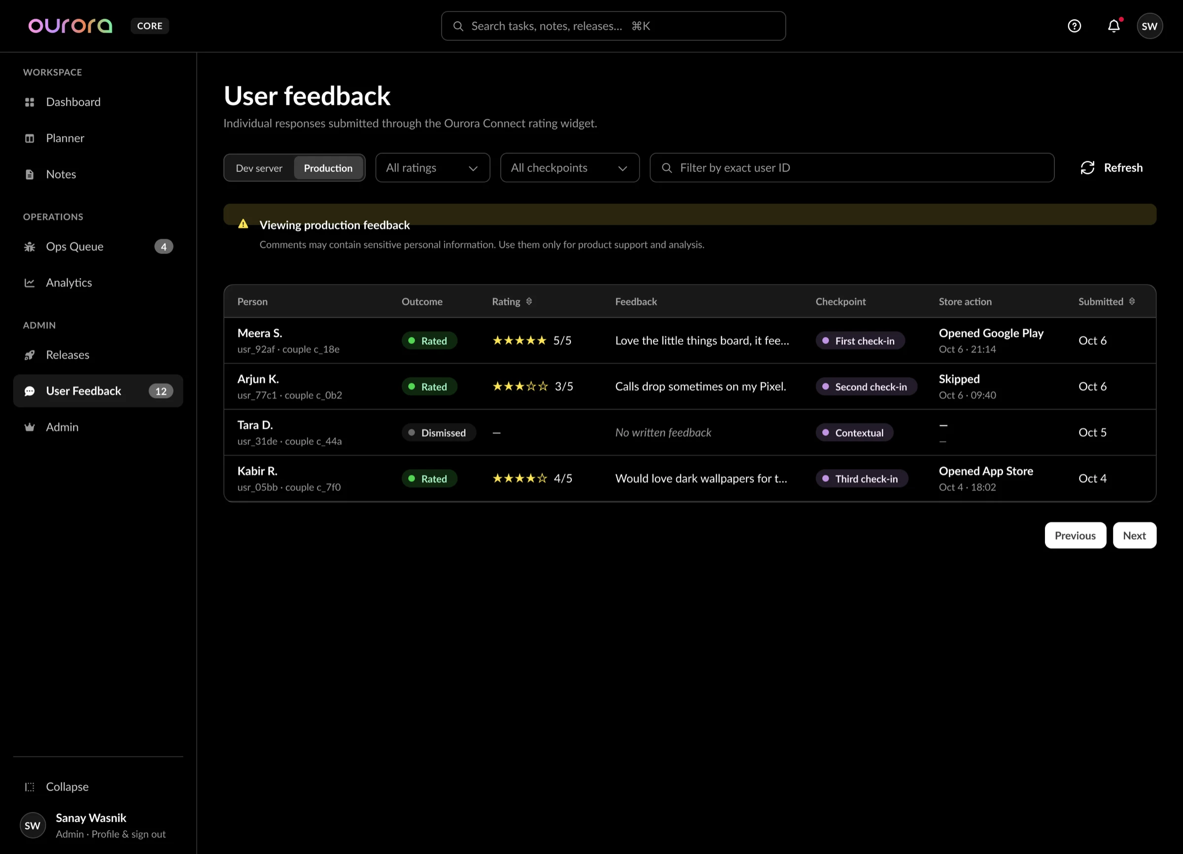 User Feedback table of responses with outcome, rating, comment, checkpoint and store action, under a privacy warning banner.