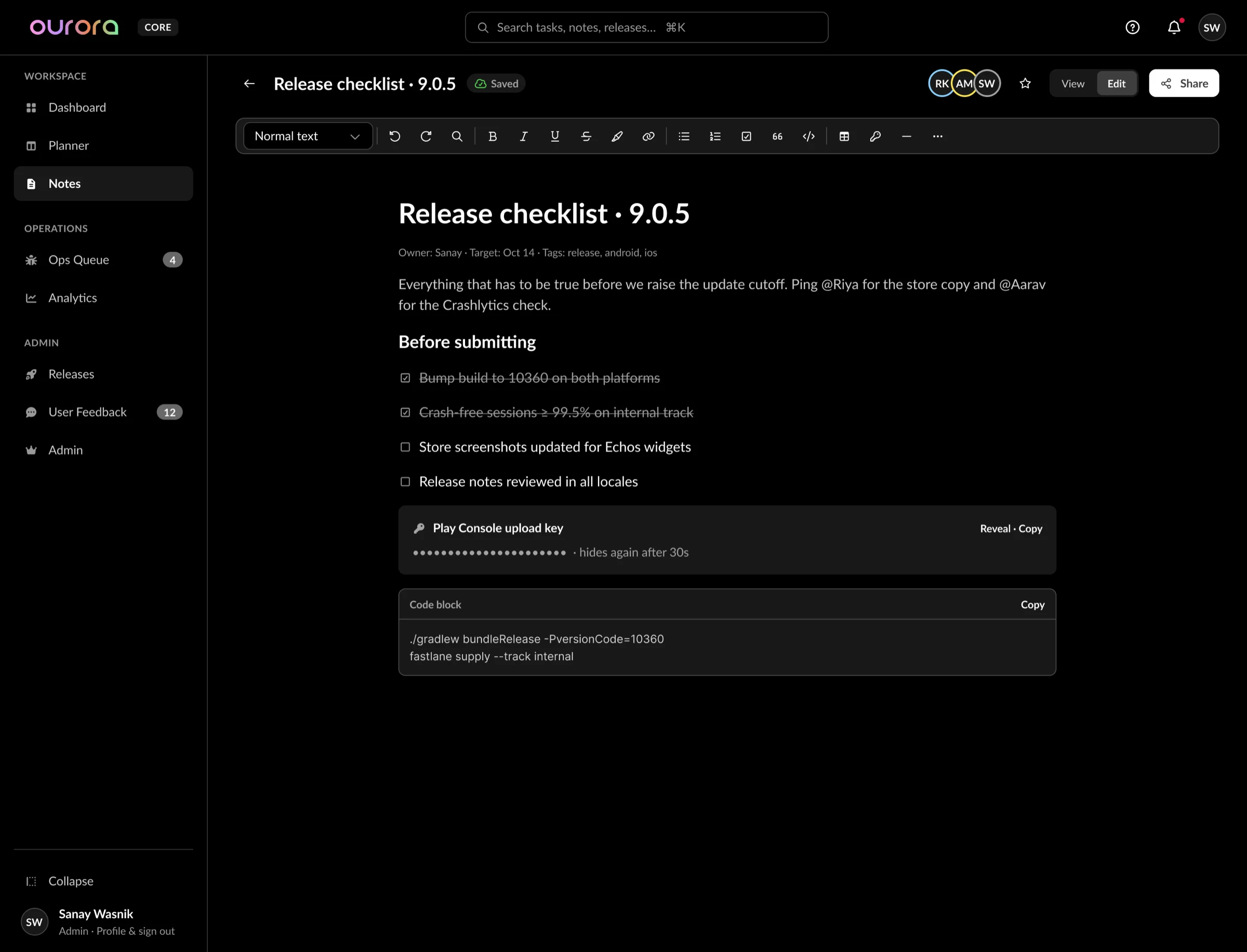 Notes document titled Release checklist with checklist items, a masked upload key with Reveal and Copy, and a code block.