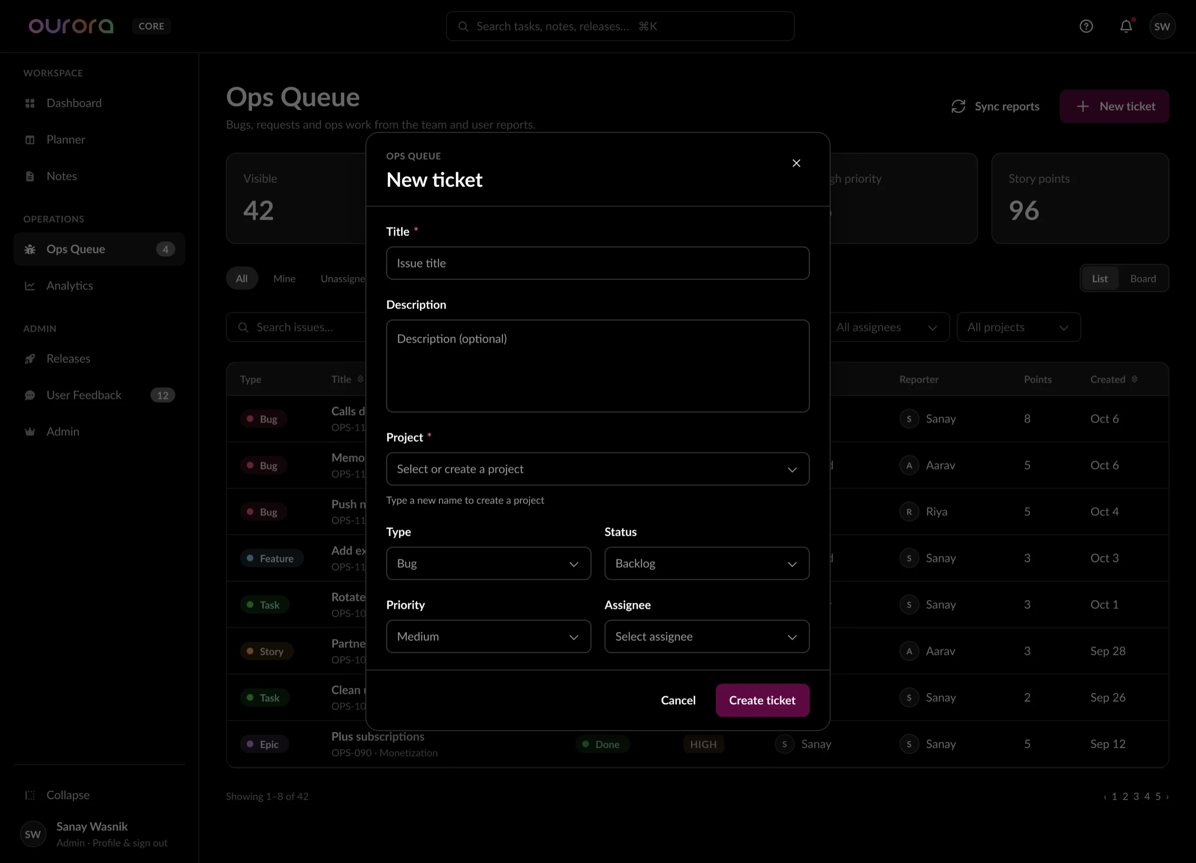 New ticket dialog over the Ops Queue with type, title, description, priority and assignee fields.