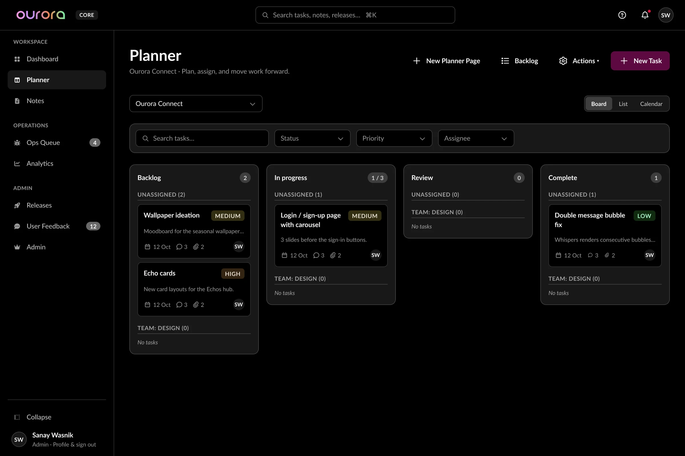 Planner board with Backlog, In progress, Review and Complete columns showing work-in-progress counts and priority chips.
