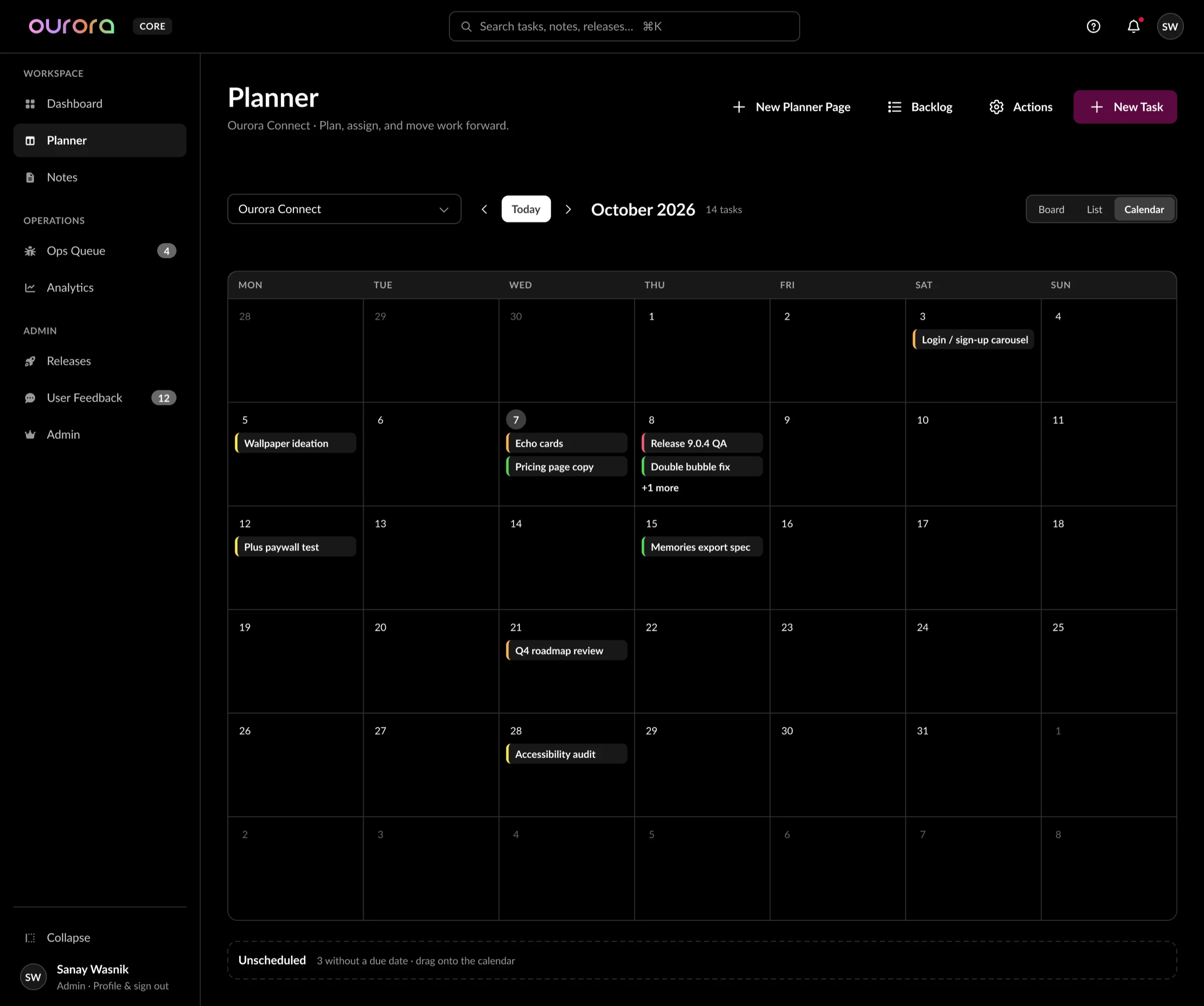 Planner calendar view showing tasks placed on their due dates across a month.